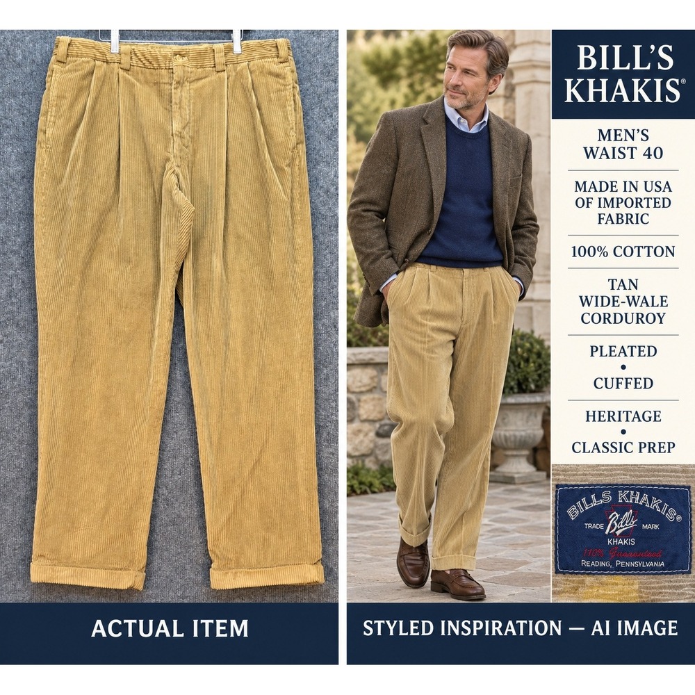 Bills Khakis Corduroy Pants Mens Pleated Cuffed Tan 40 Excellent Heritage Prep